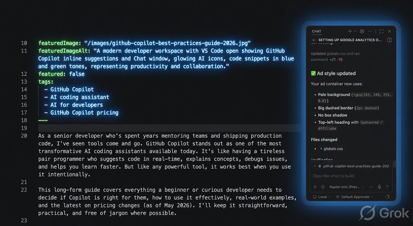 A modern developer workspace with VS Code open showing GitHub Copilot inline suggestions and Chat window, glowing AI icons, code snippets in blue and green tones, representing productivity and collaboration.