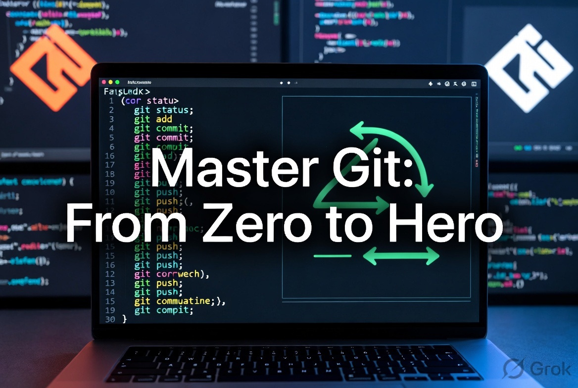 Master Git Tutorial - Terminal with Git commands, branching visualization, and version control flow on a laptop screen.